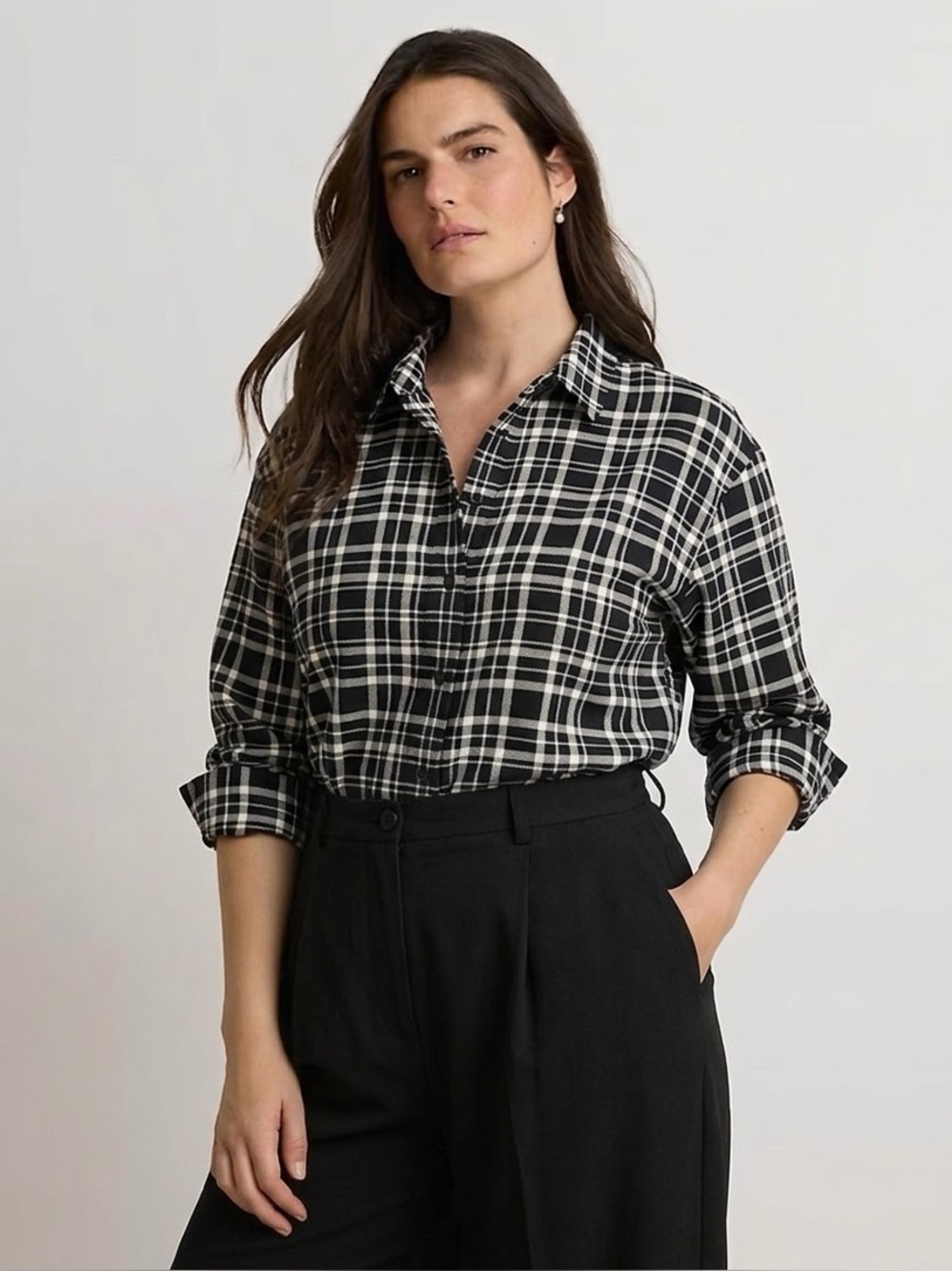 RALPH LAUREN Women's Silky Plaid Crepe Long Sleeve Blouse - Black/ White, 2X